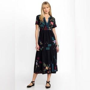 Johnny Was Floral Embroidered Katie Knit Henley Tiered Maxi Dress Boho Hippie XL